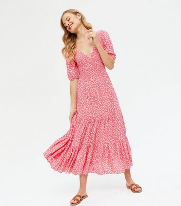 Pink Floral Shirred Tiered Midi Dress ...